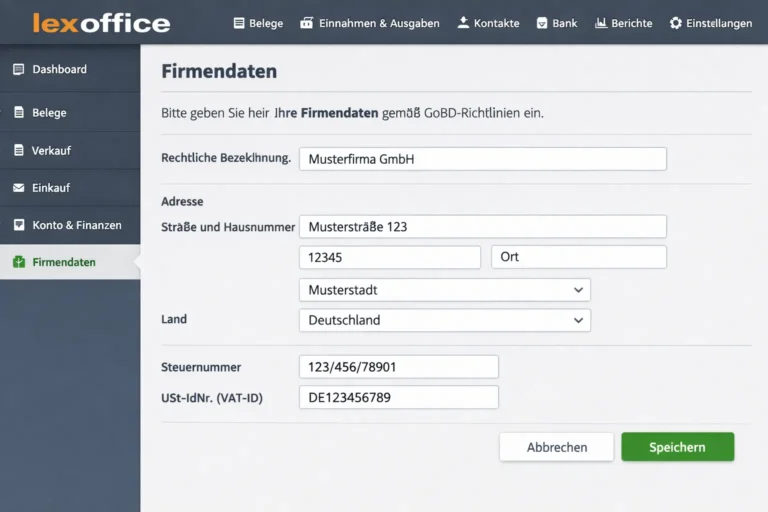 Интерфейс настройки Lexoffice: профиль компании, данные, НДС