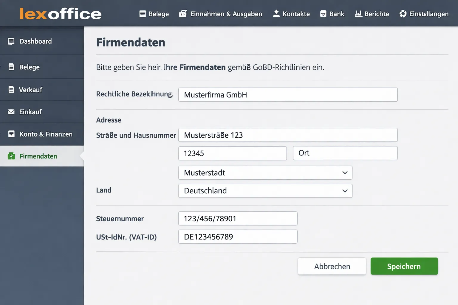 Интерфейс настройки Lexoffice: профиль компании, данные, НДС