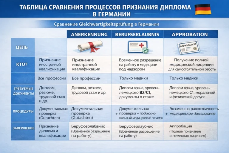 Таблица сравнения процессов признания диплома Anerkennung, Berufserlaubnis и Approbation в Германии