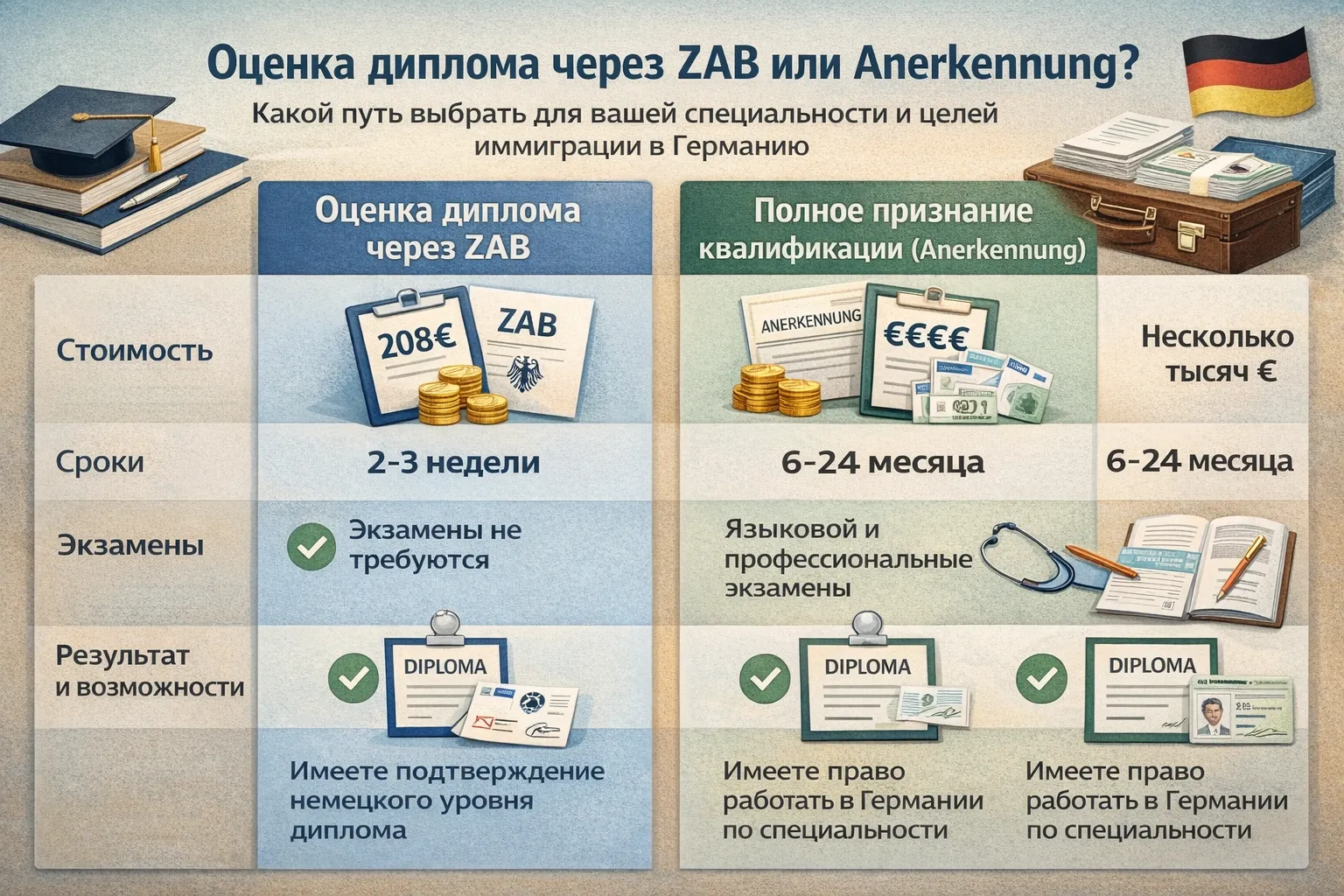 Таблица сравнения ZAB и Anerkennung: стоимость, сроки, процесс признания диплома